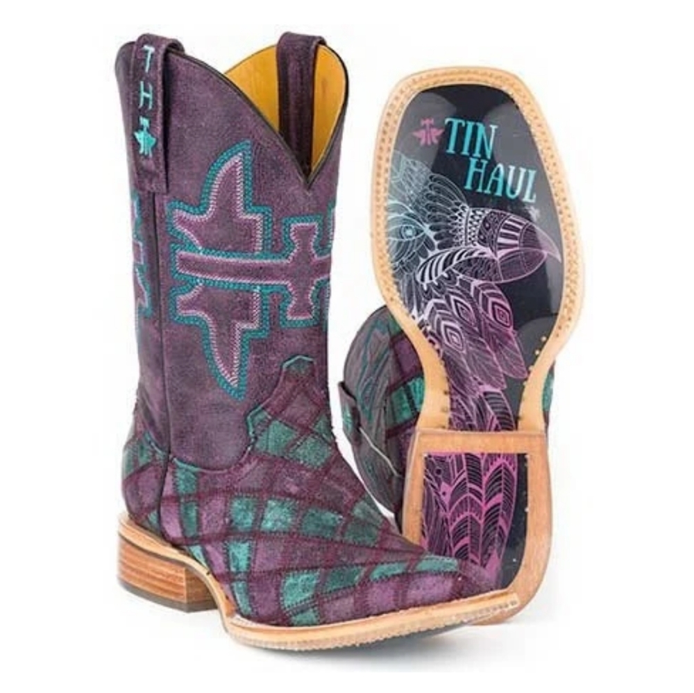 TIN HAUL "Chevron" distressed purple/teal patchwork leather cowgirl boots 11 NWT